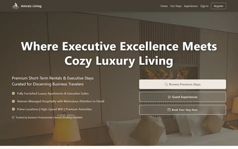 Homepage preview of the Amraiz executive stays website