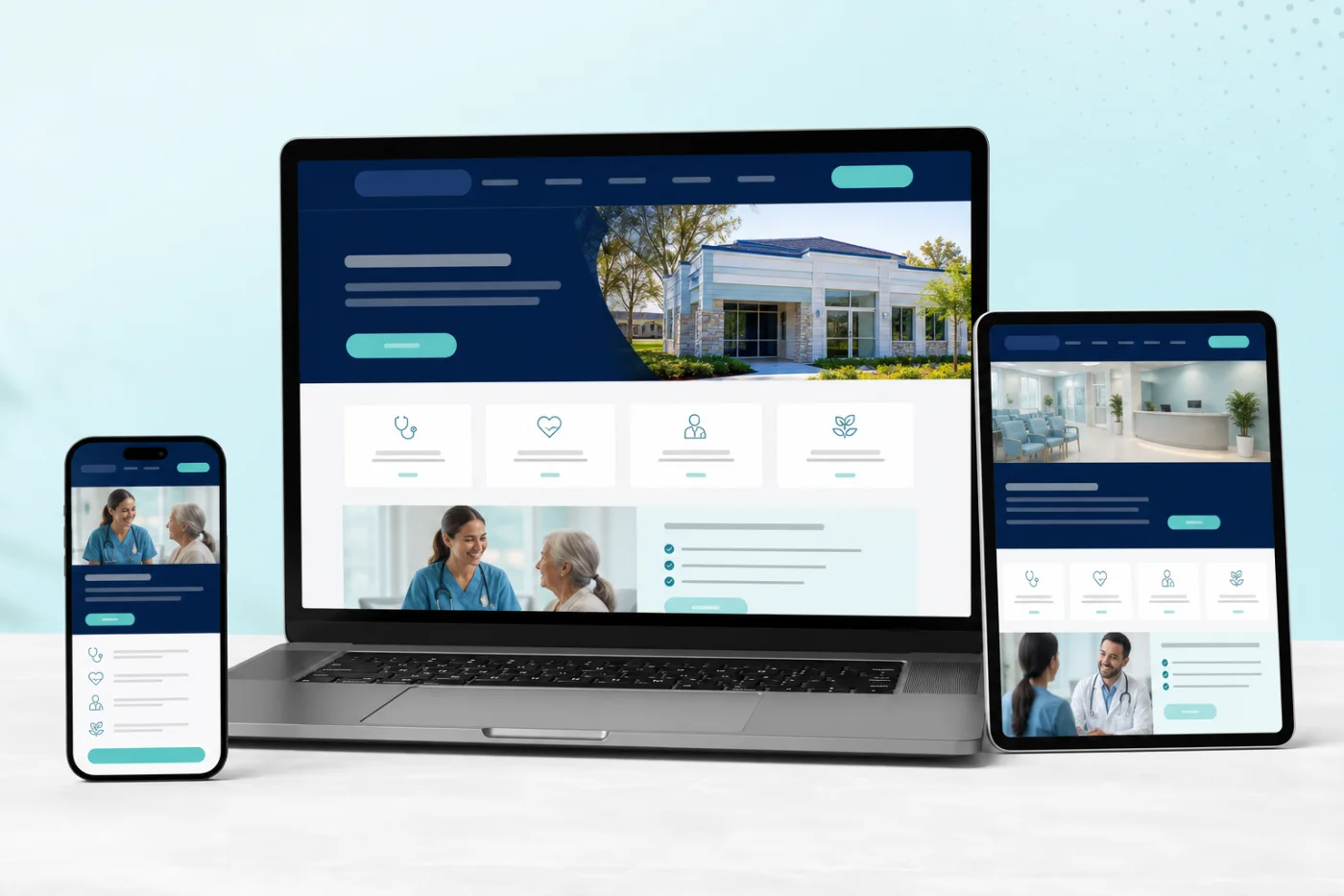 A business website shown across laptop, tablet, and phone
